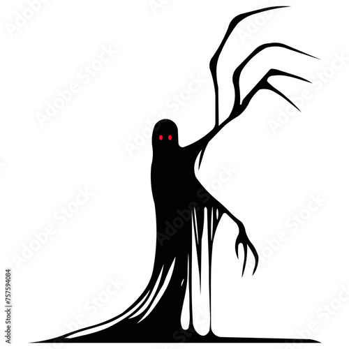 Horrible shadow monster with claws and red eyes. Minimalist black illustration for halloween