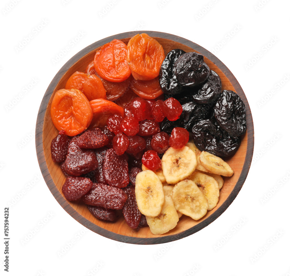 Mix of delicious dried fruits in bowl isolated on white, top view Mix of delicious dried fruits in bowl isolated on white, top view