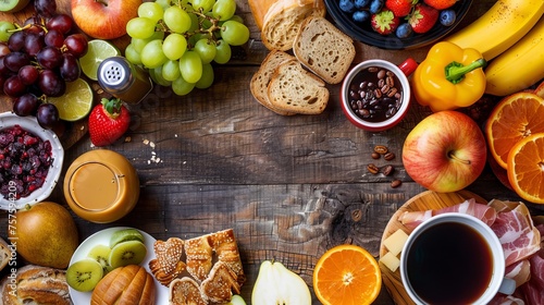 A top-down view of a table set with coffee, juice, fruit, bread, and meat, creating a delicious and satisfying spread for a meal photo