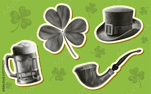 St. Patricks Day set with shamrock leprechaun top hat beer mug smoking pipe halftone dotted collage elements isolated on green background with clover leaf hand drawn shapes