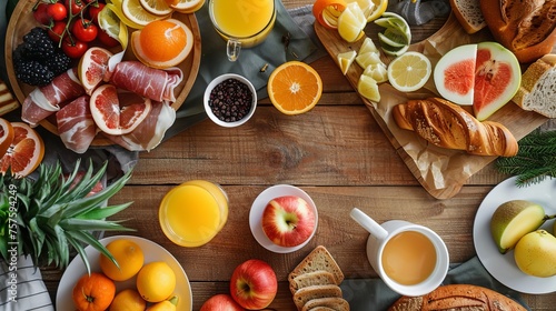 A top-down view of a table set with coffee, juice, fruit, bread, and meat, creating a delicious and satisfying spread for a meal photo