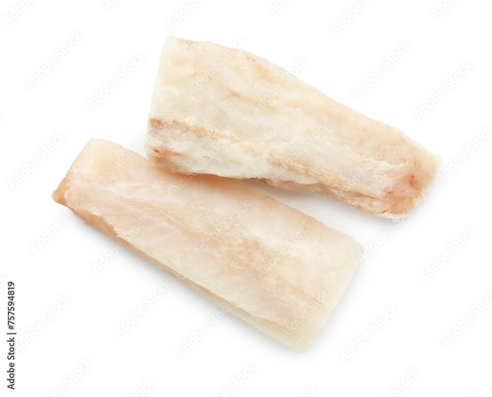 Fresh raw cod fillets isolated on white, top view Fresh raw cod fillets isolated on white, top view