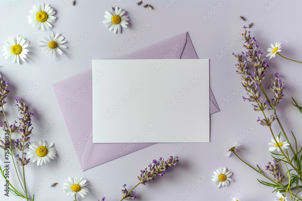 Lavender card, daisies, and a white, empty invitation mockup captured flawlessly in HD.