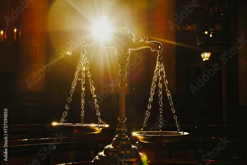 Scales of Justice in a dark Court Hall.