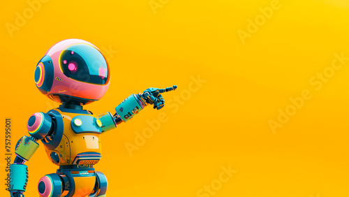 Positive robot gestures while pointing with yellow background. © vladim_ka