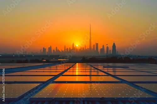 A solar farm with rows of solar panels under the setting sun.