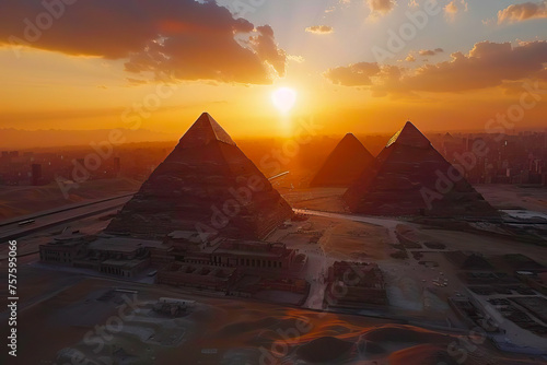 The sun sets behind the iconic Pyramids of Giza in Egypt.