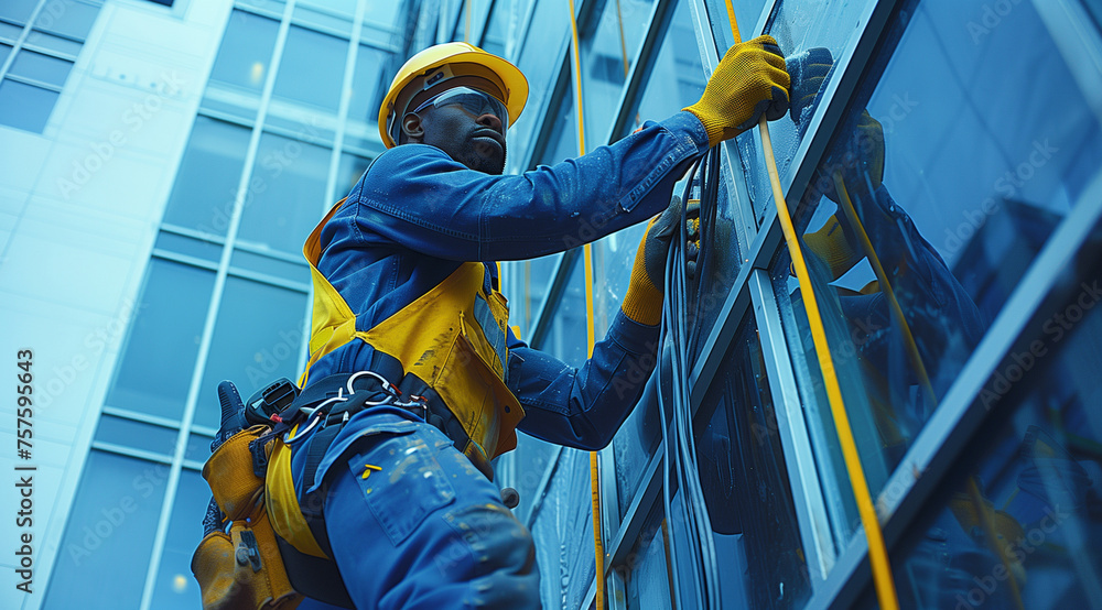 Construction Worker Inspecting Glass Panels on Building Facade Construction Worker Inspecting Glass Panels on Building Facade