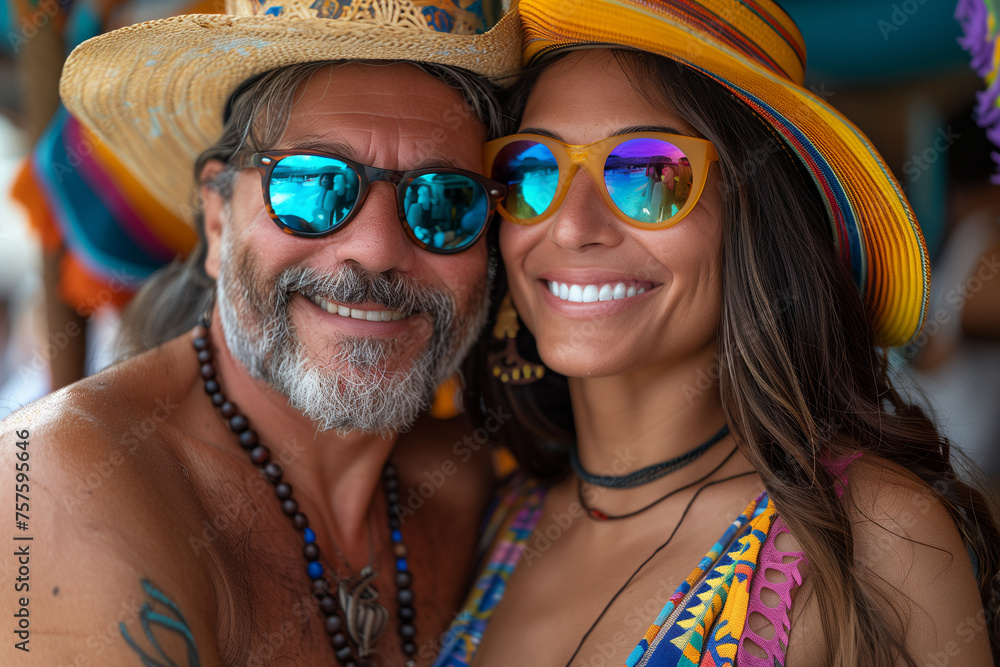 Smiling Couple with Sunglasses at Summer Beach Party Smiling Couple with Sunglasses at Summer Beach Party