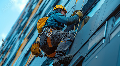 Industrial Climber Repairing Modern Building Facade © Tiz21