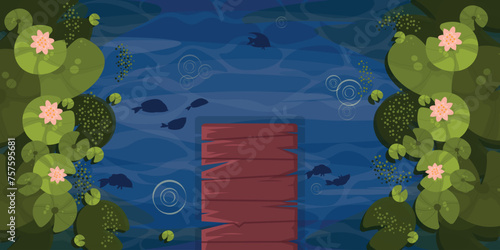 Vector illustration of a top view of the river. Cartoon scene of a beautiful top view of a river, a water lily with green leaves, pink lotus flowers, water bubbles, fish silhouettes, a wooden ladder.