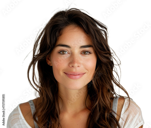 Smiling woman with freckles and sunlit brown hair, cut out - stock png.