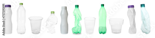 Different plastic bottles and cups isolated on white, set