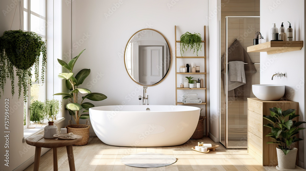 scandinavian bathroom with white and beige walls, white basin with oval mirror, bathtub, shower, plants, and parquet floor. scandinavian bathroom with white and beige walls, white basin with oval mirror, bathtub, shower, plants, and parquet floor.