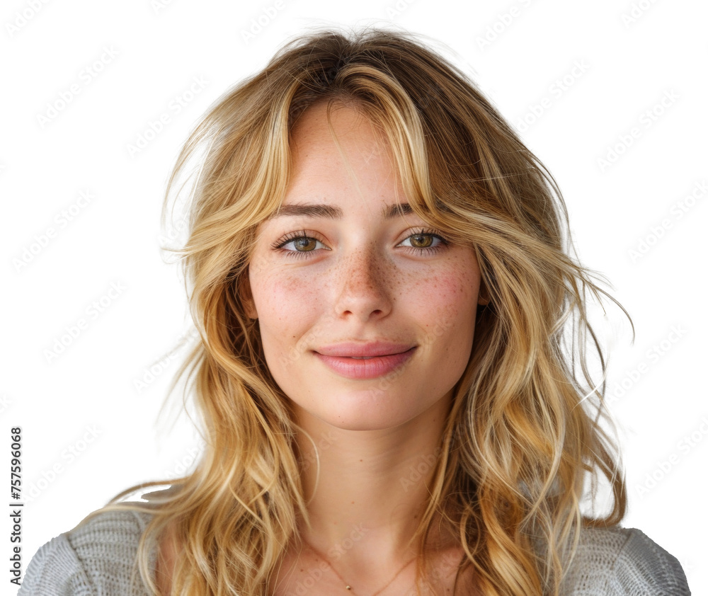 Blonde woman with necklace and white shirt smiling, cut out - stock png. Blonde woman with necklace and white shirt smiling, cut out - stock png.