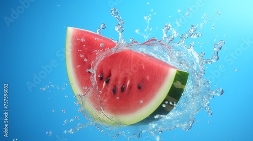 Watermelon with splashes of water on a blue background. 3d rendering