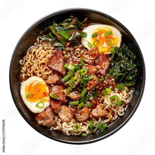 Hearty beef noodle soup Ramen with soft-boiled eggs and scallions on transparent background - stock png.