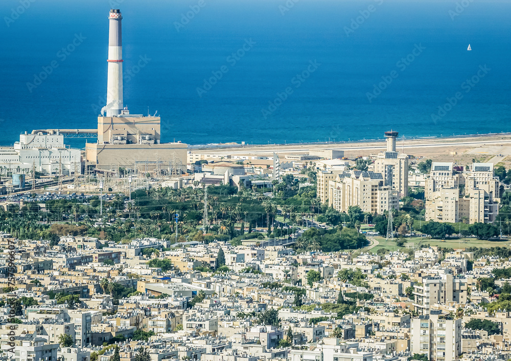 View from top floor of Azrieli Center Circular Tower in Tel Aviv, Reading Power Station on background, Israel
