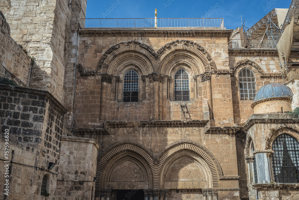 Church of the Holy Sepulchre in Christian Quarter of Old City of Jerusalem, view with Immovable Ladder, Israel