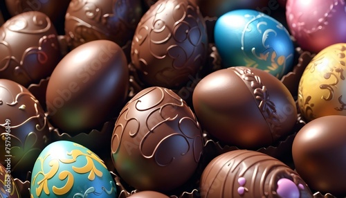 Colorful decoated chocolate tiny eater egggs on neutral background