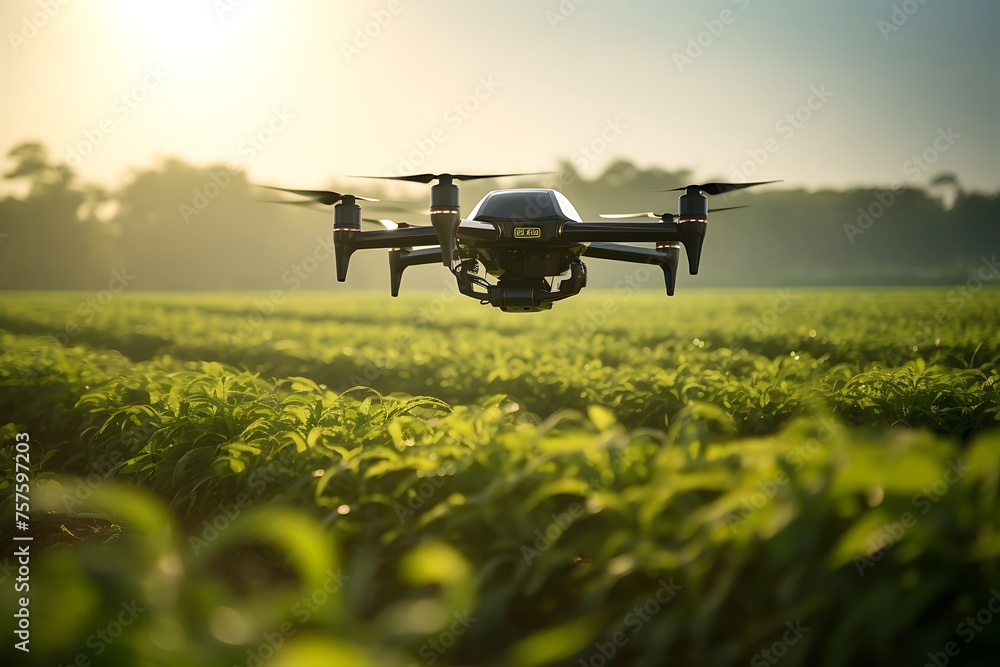 Drone with digital camera flying over the field of green vegetable.