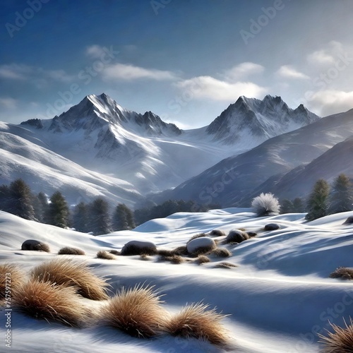Snow Forest Mountain Tree Landscape Winter snowfall. A serene winter landscape with a snow covered forest and mountain range, gleaming peaks, snow laden slopes