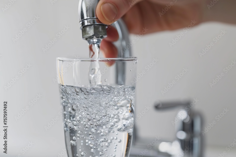 Water Glass in Hand, Filling Glass With Tap Water From Faucet Closeup Isolated on White Background Water Glass in Hand, Filling Glass With Tap Water From Faucet Closeup Isolated on White Background