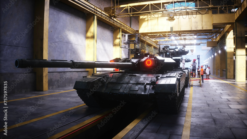 Production of military russian battle tank T 90 at the factory. Military factory weapon. 3d rendering. Production of military russian battle tank T 90 at the factory. Military factory weapon. 3d rendering.
