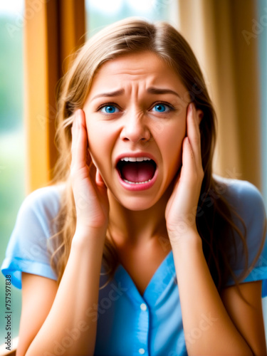 A woman is screaming in a blue shirt