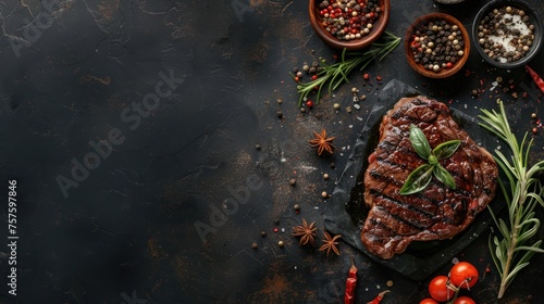 Top view tasty grilled ribeye beef steak food on dark grey background. AI generated image photo