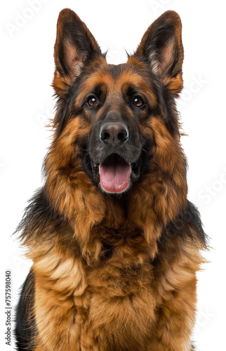 Alert German Shepherd dog with tongue out looking friendly, cut out - stock png.