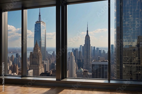 Empty interior from high-rise window showcasing expensive real estate with cityscape of skyscrapers in Midtown NYC at daytime