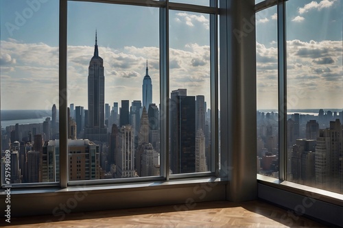 Empty interior from high-rise window showcasing expensive real estate with cityscape of skyscrapers in Midtown NYC at daytime