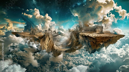 A composite image depicting a surreal rift in the fabric of reality, with distorted landscapes and fractured elements floating in the void. The dreamlike scene explores the theme of existential schism