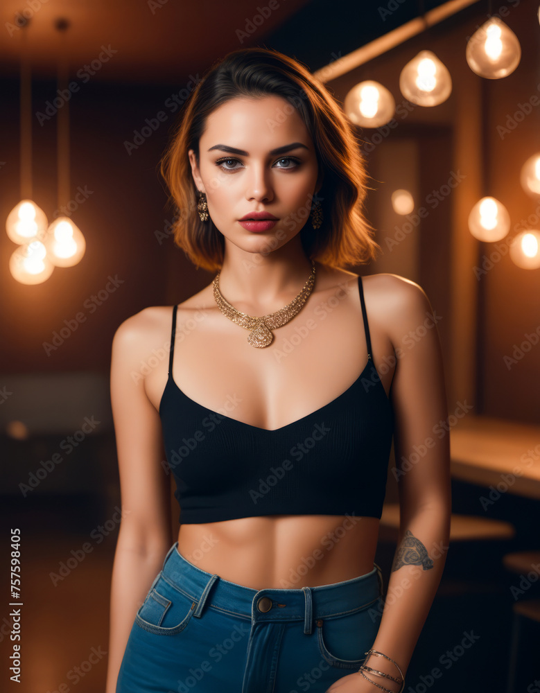 A woman is wearing a black top and blue jeans A woman is wearing a black top and blue jeans