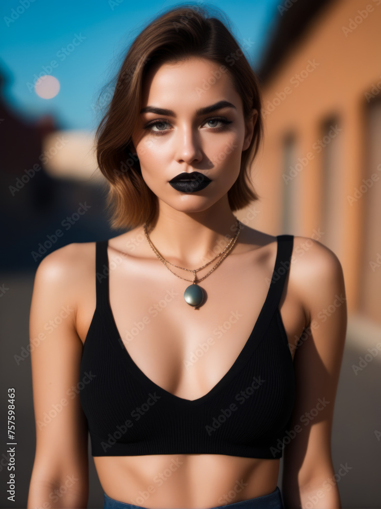 Fototapeta premium A woman with a black dress and a necklace with a silver pendant