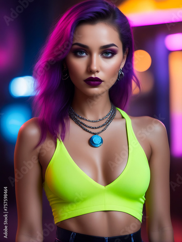 A woman with purple hair and a yellow top is standing in front of a neon sign