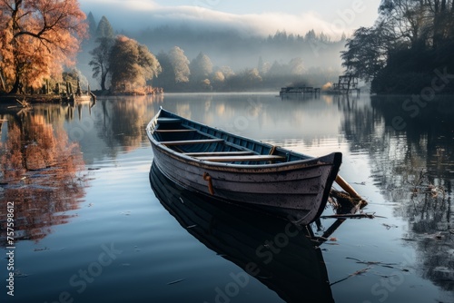 Boat glides on misty lake under cloudy sky, enhancing natural landscape beauty