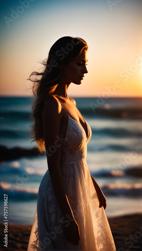 A woman in a white dress is walking on the beach at sunset
