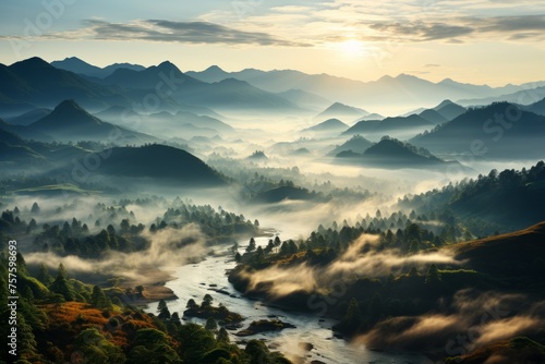 A river flows through foggy mountains under the sky at sunrise © Yuchen