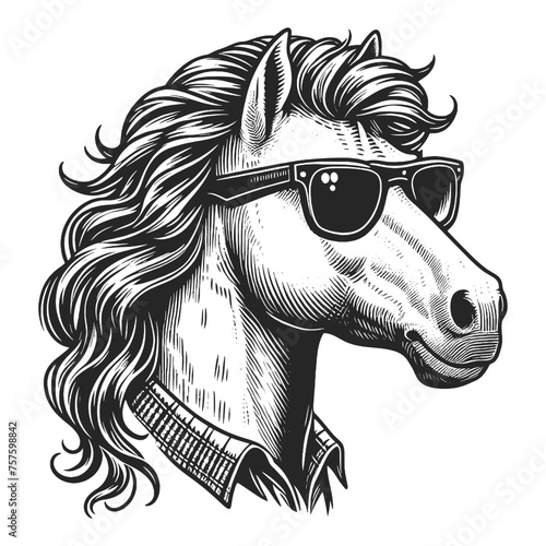 humorous hipster horse in sunglasses and a fashionable collar sketch engraving generative ai fictional character vector illustration. Scratch board imitation. Black and white image.