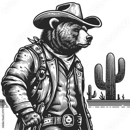 Bear cowboy sketch engraving generative ai vector illustration. Scratch board imitation. Black and white image.