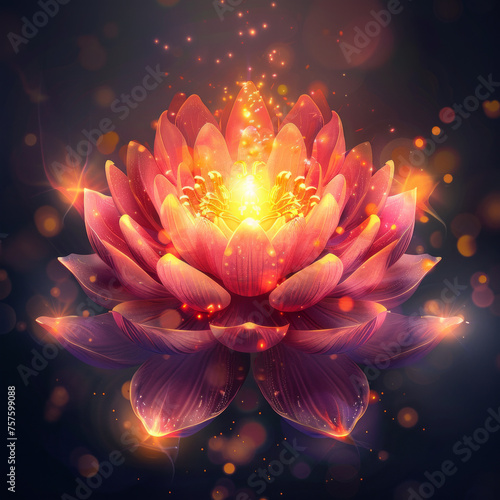  Large glowing lotus flower in center with mystical nature background scene with a glowing lotus flower and tranquil twilight defocused watery background, meditation yoga inner peace concepts

