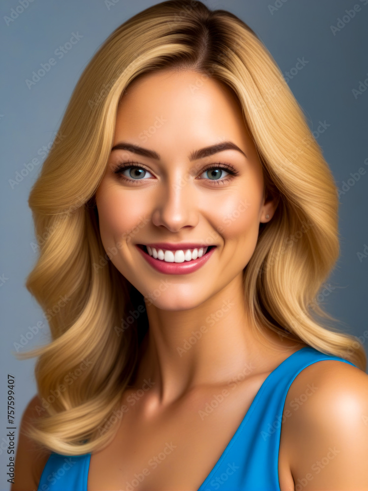 A woman with blonde hair and a blue tank top is smiling A woman with blonde hair and a blue tank top is smiling