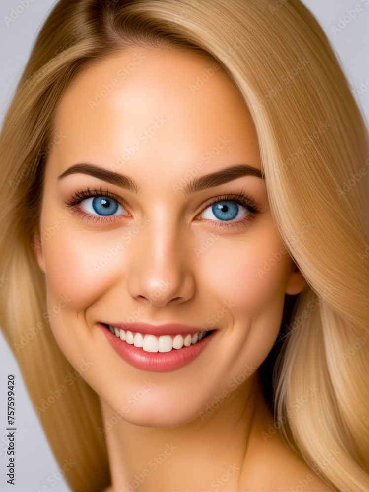 A woman with blonde hair and blue eyes is smiling