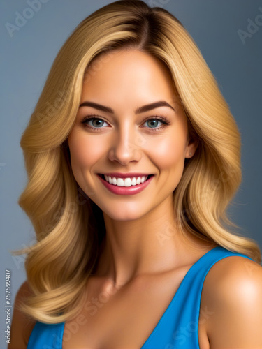 A woman with blonde hair and a blue tank top is smiling