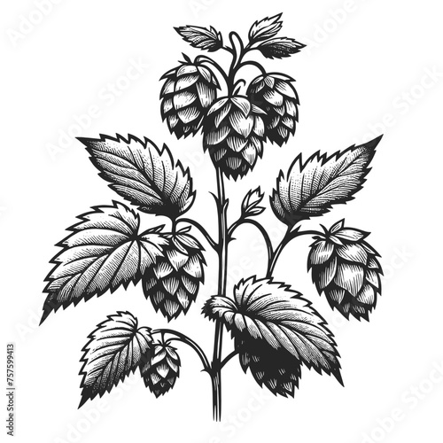 Detailed black and white vintage illustration of hops with leaves and tendrils. Sketch engraving generative ai vector illustration. Scratch board imitation. Black and white image.