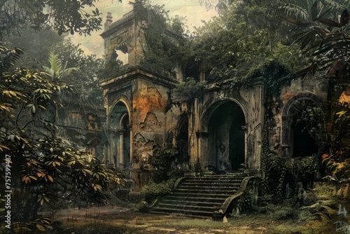 Abandoned Palace in Jungle  Vintage Painting  Ruined Hotel in Deep Forest