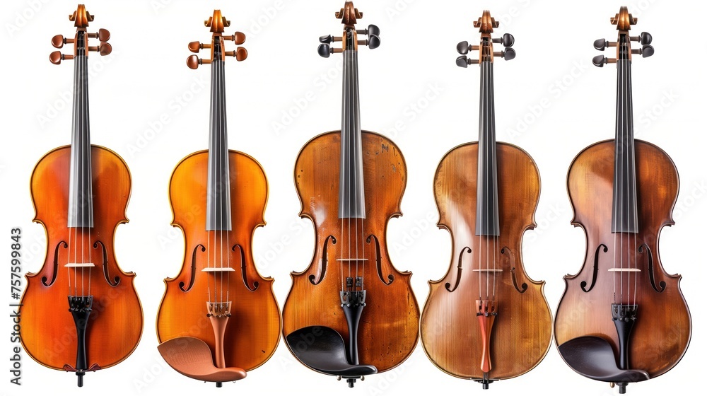 Fototapeta premium A harmonious display of five violins, each with a distinct wood finish, against a serene white backdrop.