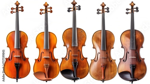 A harmonious display of five violins, each with a distinct wood finish, against a serene white backdrop.